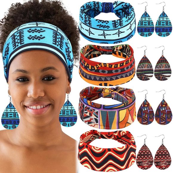 2 Pairs African Faux Leather Earrings and 2 Pcs African Headbands ( 4pcs Bundle) - Picture 1 of 7